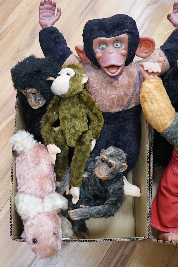 A Farnell’s Alpha Toys monkey, seven other soft toy monkeys and a soft toy rabbit, Farnell 36cm. Condition varies